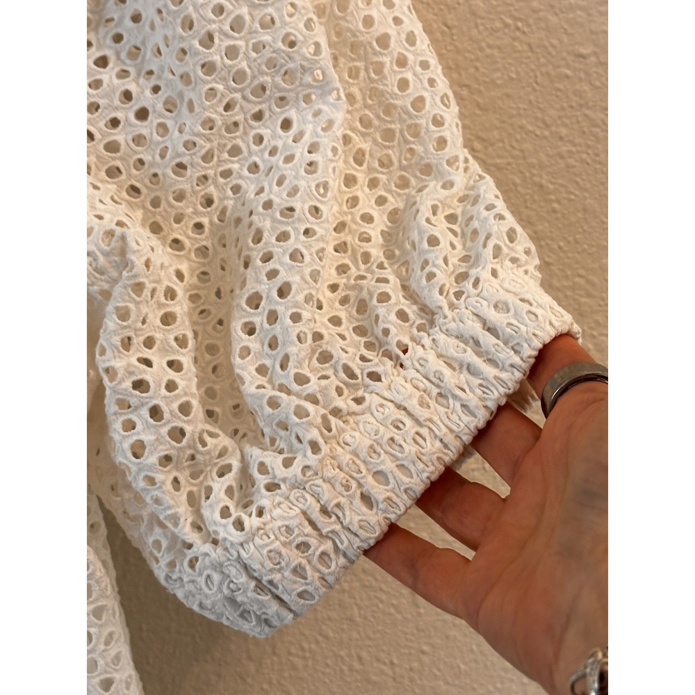 Everlane Womens Top Size L White‎ Eyelet Puff Sleeve Cotton Crop Peasant Blouse - Picture 6 of 9